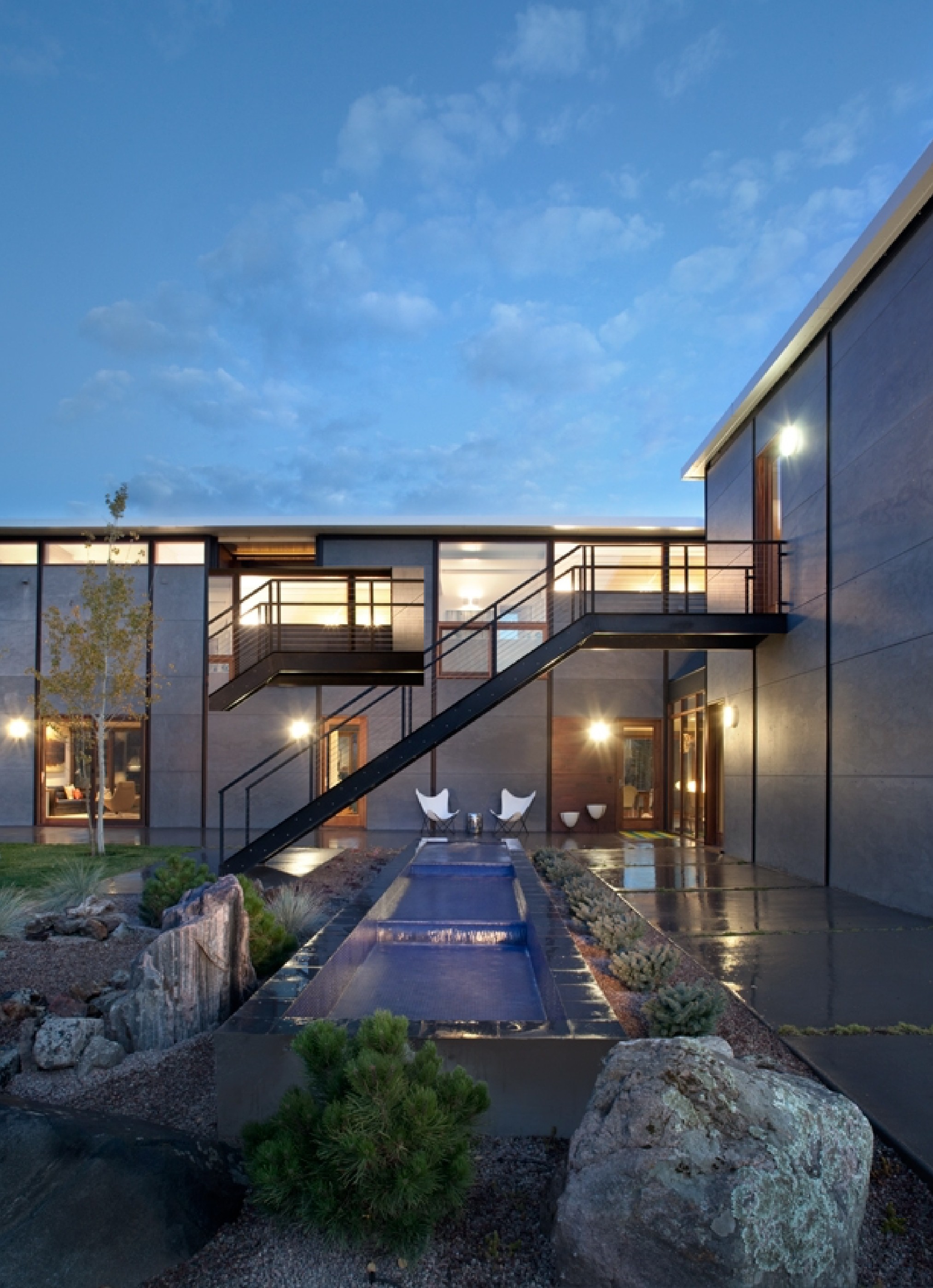 Aspen FlatPak Back Exterior with Fountain Pond