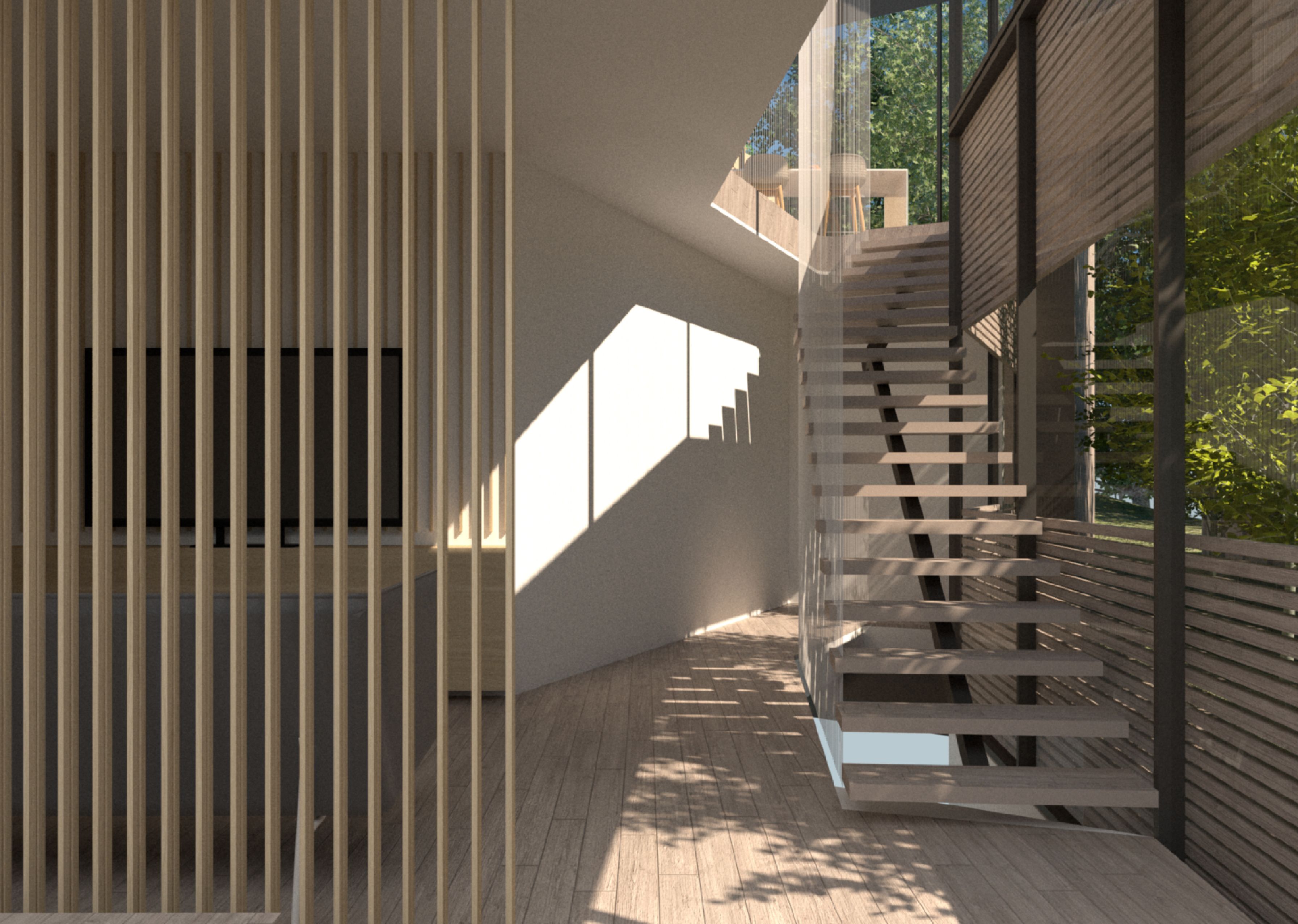 Cedar Lake House Interior Floating Stairs